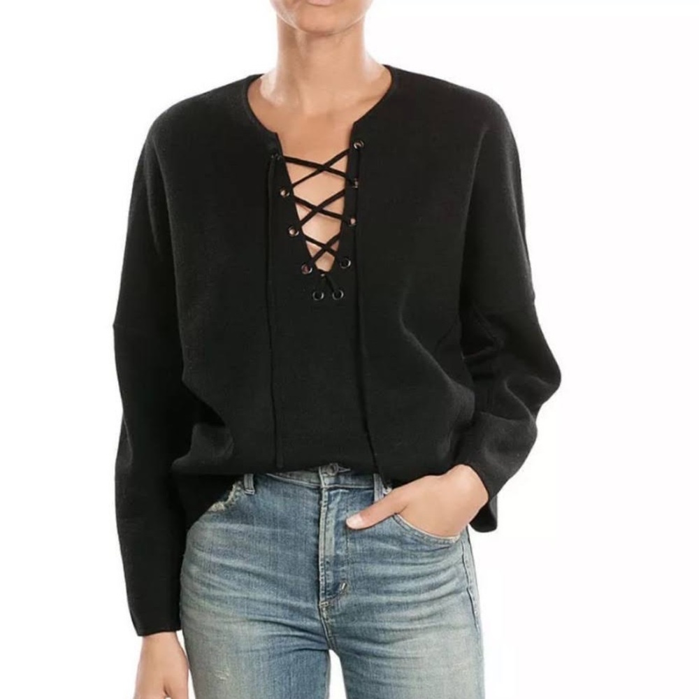Vince Black Lace-Up Crewneck Sweater